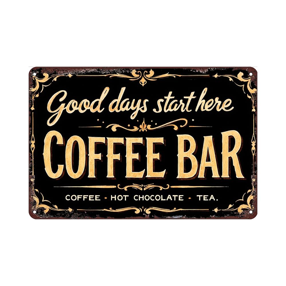 Coffee Bar Tin Sign - Tin Metal 12x8 Inch Vintage Red Retro Kitchen Café Wall Art for Home Bar, Dining Room, Bistro, Gift for Drink Lovers