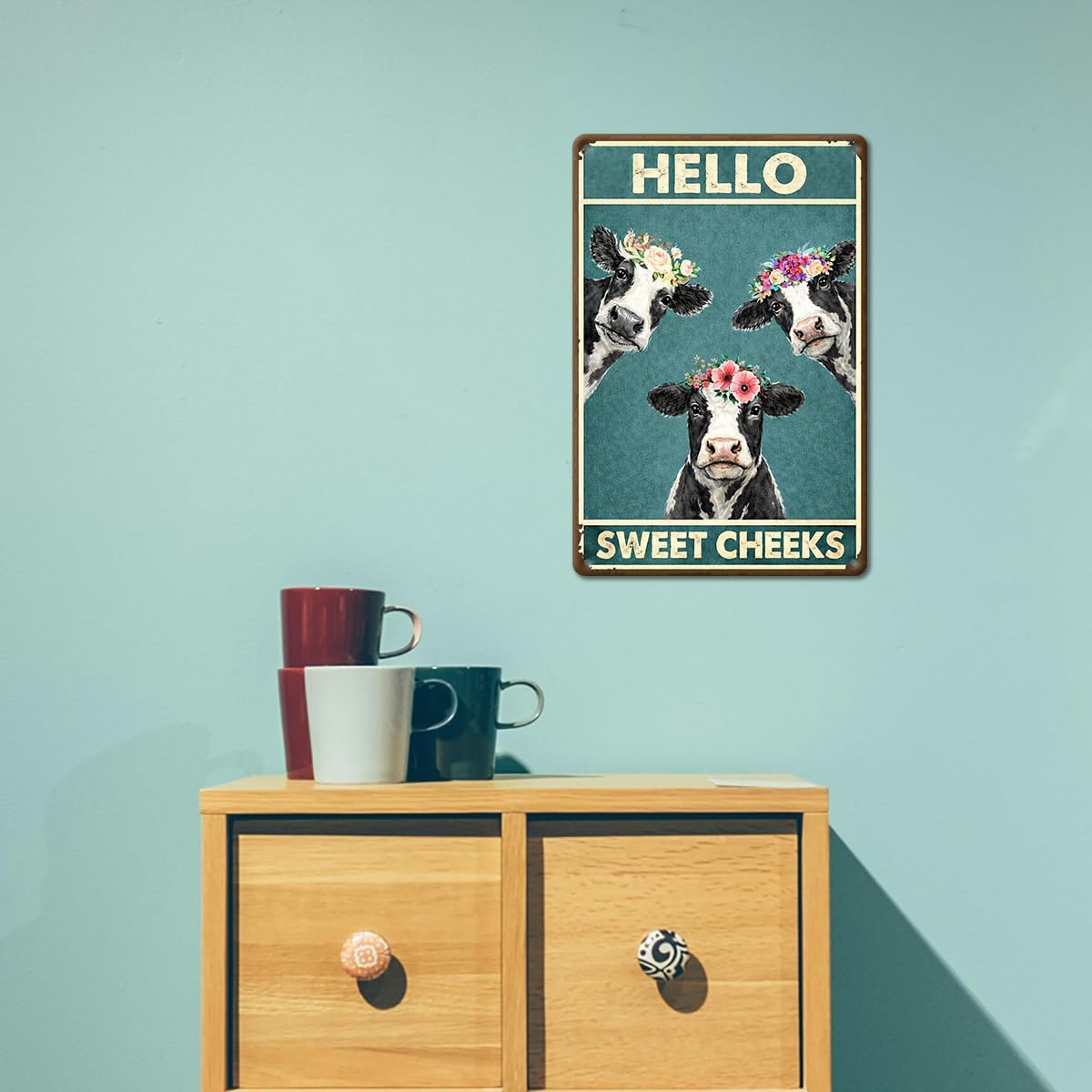 Bathroom Wall Decor Metal Tin Sign – Hello Sweet Cheeks Funny Cow Wall Art, Farmhouse Restroom Decor 12x8 Inch