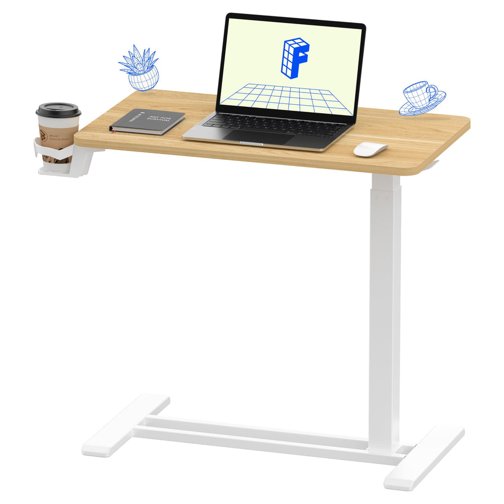 FLEXISPOT H7 Adjustable Overbed Bedside Table with Wheels Pneumatic Mobile Standing Laptop Desk Rolling Computer Cart Movable Overbed Table Hospital Home Use (31.5" W x 17.7" D, White Maple Large)