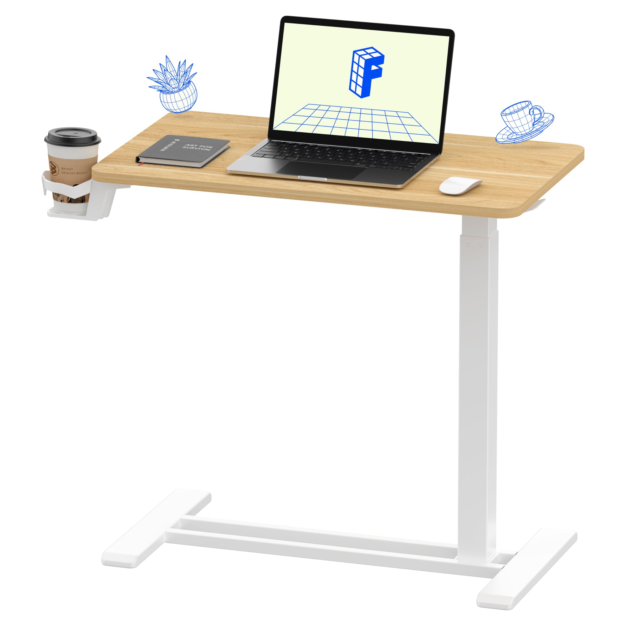 FLEXISPOT H7 Adjustable Overbed Bedside Table with Wheels Pneumatic Mobile Standing Laptop Desk Rolling Computer Cart Movable Overbed Table Hospital Home Use (31.5" W x 17.7" D, White Maple Large)
