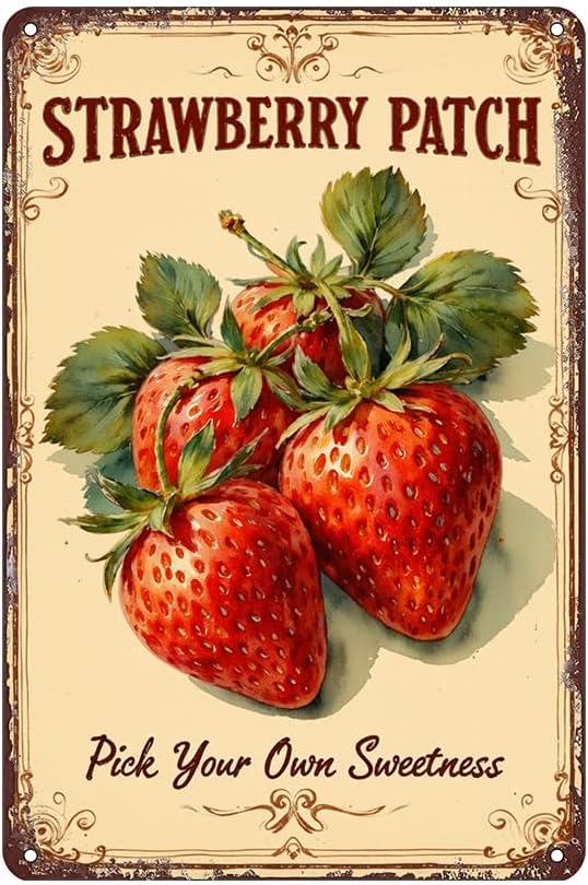Strawberry Patch Tin Sign - Metal 12x8 Inch Farmhouse Rustic Wall Art for Kitchen, Garden, Fruit Stand, Gift for Strawberry Lovers