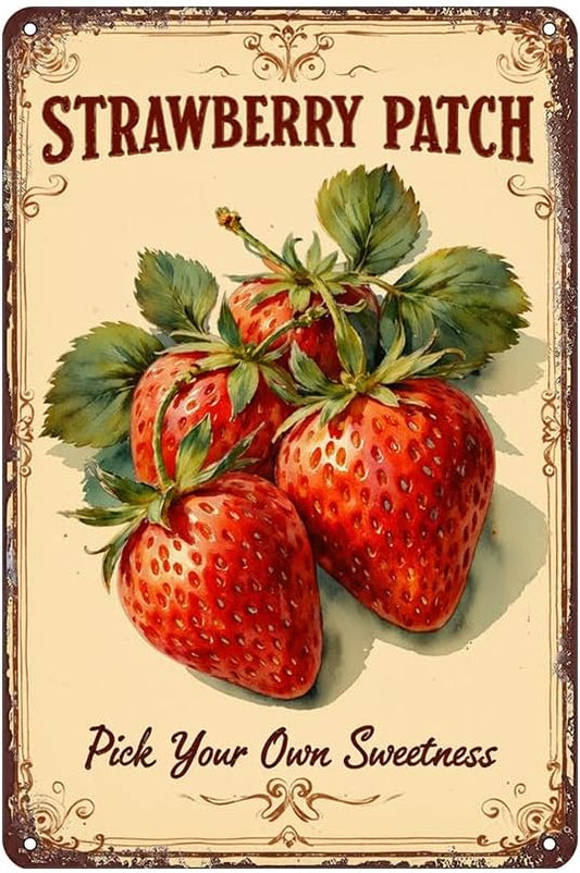 Strawberry Patch Tin Sign - Metal 12x8 Inch Farmhouse Rustic Wall Art for Kitchen, Garden, Fruit Stand, Gift for Strawberry Lovers
