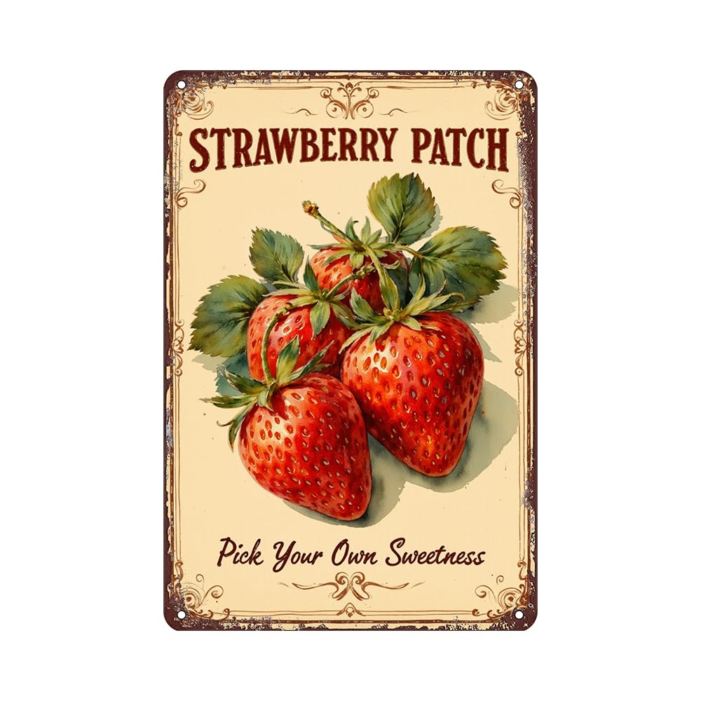 Strawberry Patch Tin Sign - Metal 12x8 Inch Farmhouse Rustic Wall Art for Kitchen, Garden, Fruit Stand, Gift for Strawberry Lovers