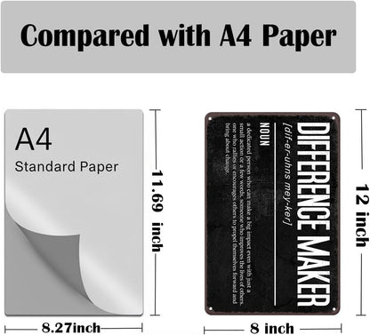Difference Maker Metal Sign – 8x12 Inch Inspirational Wall Decor for Office & Classroom, Motivational Quote Tin Sign Appreciation Gift for Teacher, Coach, Manager