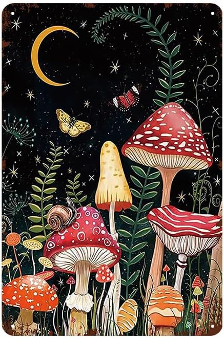 YOYI ART Cute Mushroom Wall Decor Sign - Vintage Metal Tin Sign for Bedroom, Bathroom, Cottage Enchanted Forest Room, Kitchen wall Decor art Accessories, Gift for Girls and Mushroom Lover, 8 x 12 inch