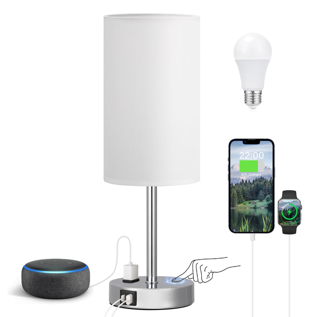 Fenmzee Bedside Table Lamp for Bedroom - 3 Way Dimmable Touch Lamp USB C Charging Ports and AC Outlet, Small Lamp Wood Base Round Flaxen Fabric Shade for Living Room, Desk, LED Bulb Included