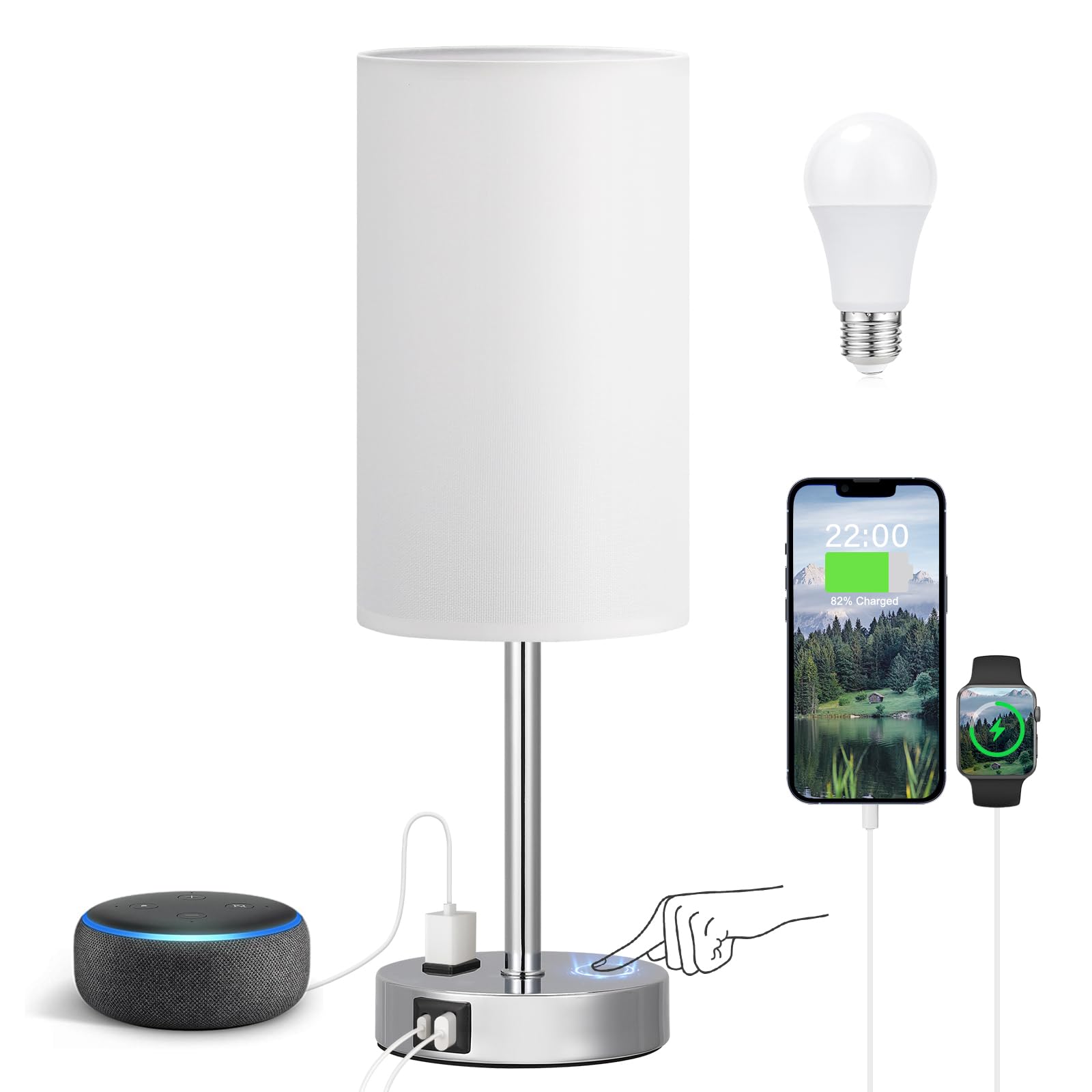 Fenmzee Bedside Table Lamp for Bedroom - 3 Way Dimmable Touch Lamp USB C Charging Ports and AC Outlet, Small Lamp Wood Base Round Flaxen Fabric Shade for Living Room, Desk, LED Bulb Included