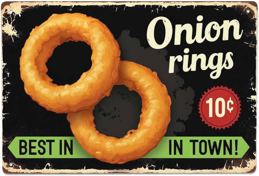 AOYEGO Onion Rings Tin Sign,Restaurant Fast Delicious Food Best in Town Black Vintage Metal Tin Signs for Cafes Bars Pubs Shop Wall Decorative Funny Retro Signs for Men Women 8x12 Inch