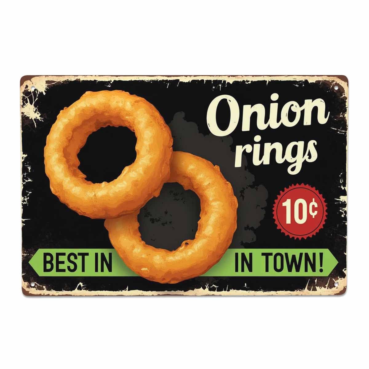 AOYEGO Onion Rings Tin Sign,Restaurant Fast Delicious Food Best in Town Black Vintage Metal Tin Signs for Cafes Bars Pubs Shop Wall Decorative Funny Retro Signs for Men Women 8x12 Inch