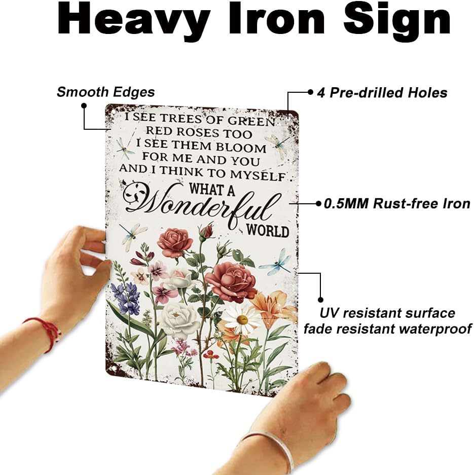 Vintage Flower Wall Decor Sign, What a Wonderful World Inspirational Quote Floral Wall Art, Metal Tin Poster for Home Bedroom Kitchen Cafe Bar Wall Decor Gift 8 x 12 Inch