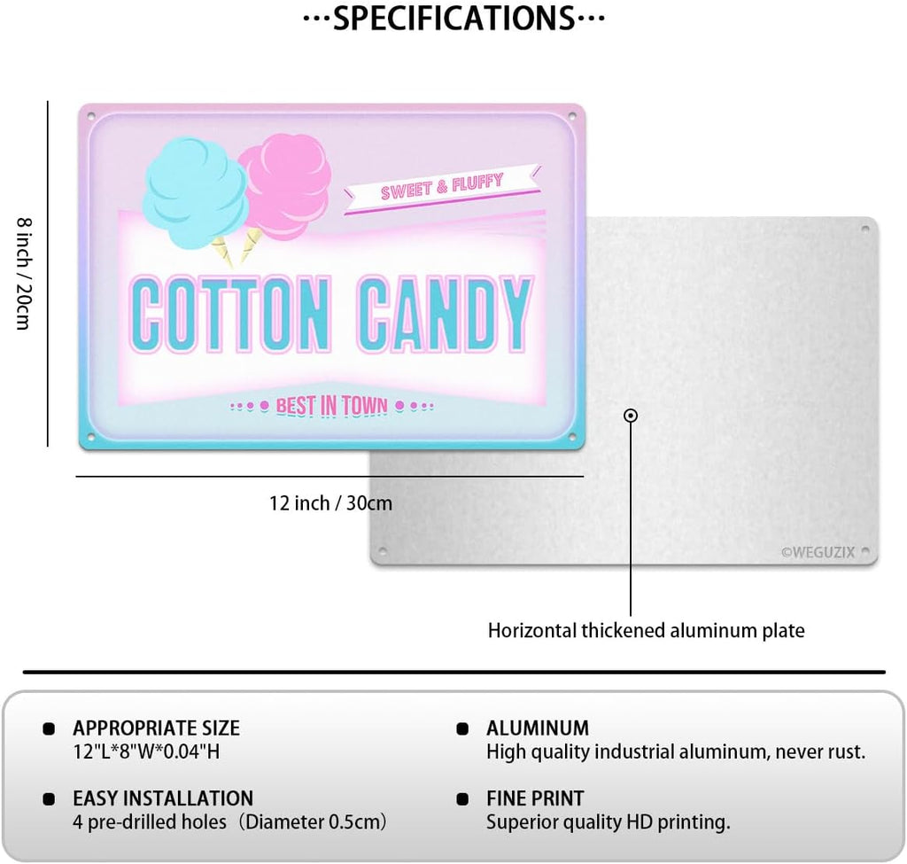 Funny Cotton Candy Metal Sign Retro Food Snacks Tin Signs Wall Art Poster Wall Decor for Home Bar Kitchen Coffee Corner Playroom Cinema Cafe Restaurant 12x8 Inch Aluminium Hanging Plaque
