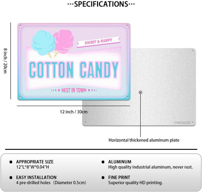 Funny Cotton Candy Metal Sign Retro Food Snacks Tin Signs Wall Art Poster Wall Decor for Home Bar Kitchen Coffee Corner Playroom Cinema Cafe Restaurant 12x8 Inch Aluminium Hanging Plaque