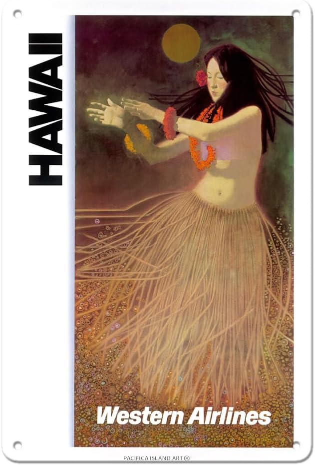 Pacifica Island Art Hawaii - Hula Dancer - Western Airlines - Vintage Hawaiian Travel Poster c.1960s - 8 x 12 inch Vintage Metal Tin Sign