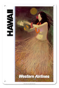 Pacifica Island Art Hawaii - Hula Dancer - Western Airlines - Vintage Hawaiian Travel Poster c.1960s - 8 x 12 inch Vintage Metal Tin Sign