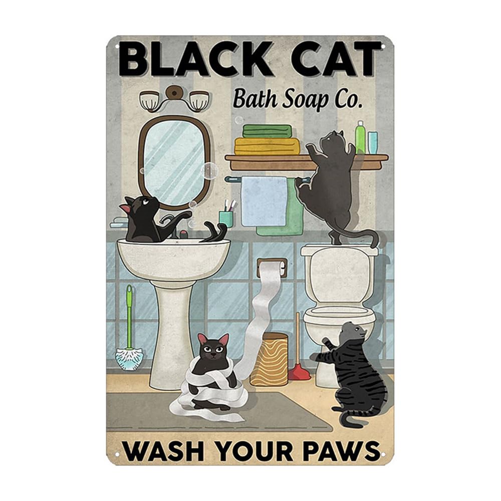 Funny Bathroom Sign Vintage Cat Tin Signs for Wall Decor 8" x 12" Funny Bathroom Signs Restroom Toilet Decor Metal Wall Plaque Poster (Welcome)
