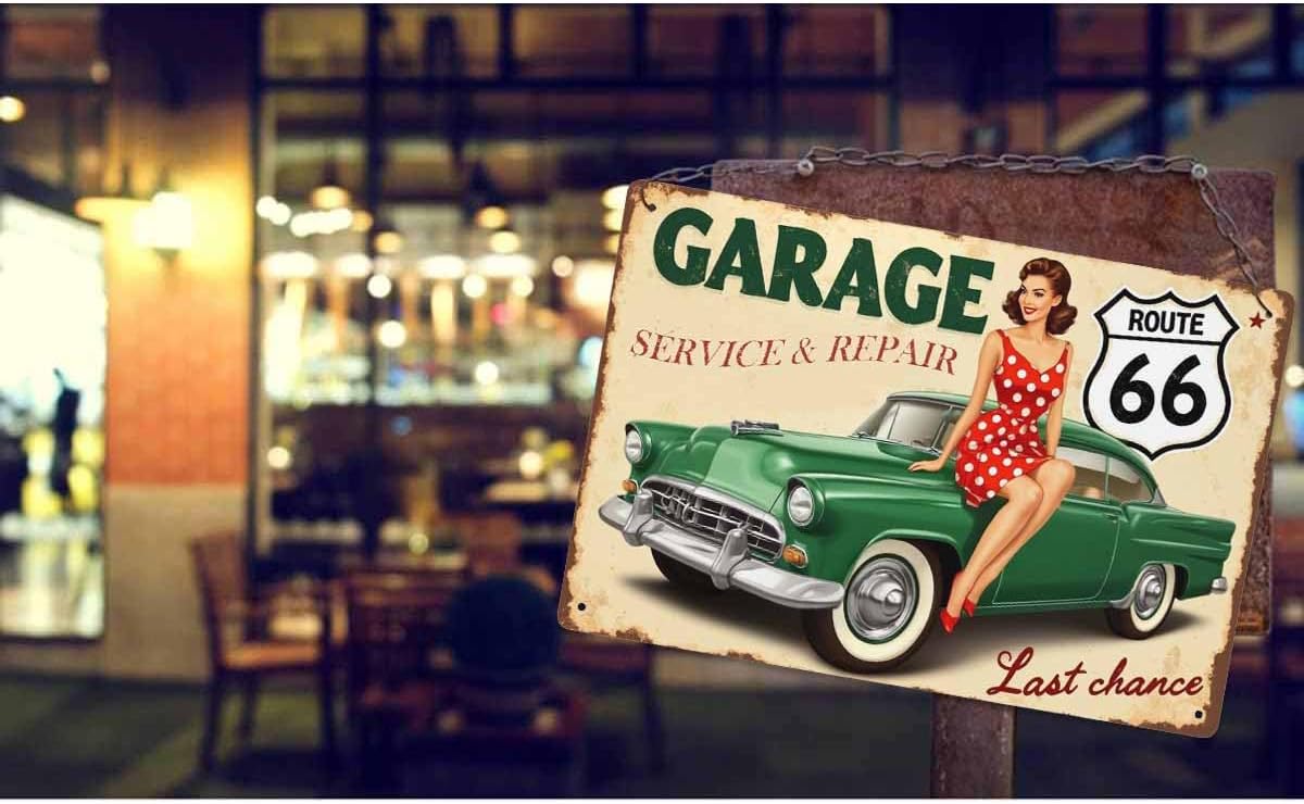 AOYEGO Pin Up Tin Sign,Route 66 Garage Service Repairs Women Sit On The Green Car Vintage Metal Tin Signs for Cafes Bars Pubs Shop Wall Decorative Funny Retro Signs for Men Women 8x12 Inch