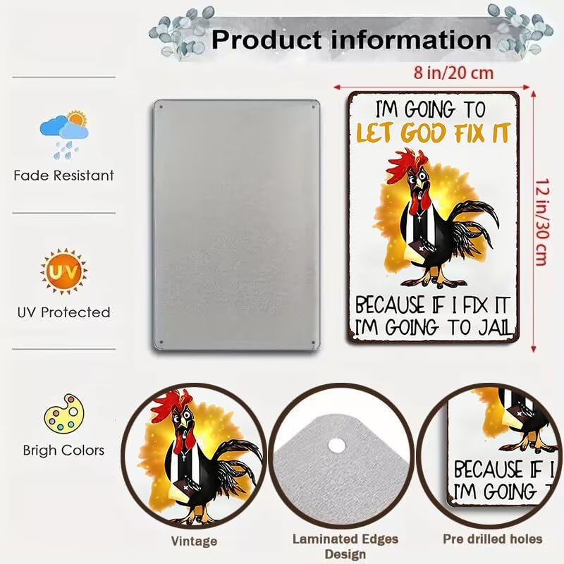 Smilelife Funny Chicken Gifts I'm Going To Let God Fix It Tin Sign for Home Farm Chicken Coop Farmhouse Kitchen Garden Decor 8 X 12 Inch (3520)