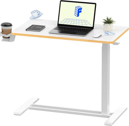 FLEXISPOT H7 Adjustable Overbed Bedside Table with Wheels Pneumatic Mobile Standing Laptop Desk Rolling Computer Cart Movable Overbed Table Hospital Home Use (31.5" W x 17.7" D, White Maple Large)