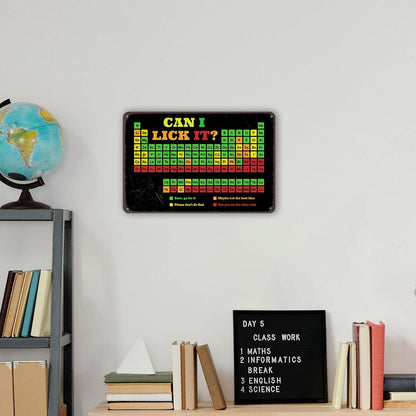 Can I Lick It Periodic Table Metal Sign - Funny Chemistry Science Humor Wall Decor for Classroom, Men Office, Nerd Gift, Tin Poster 8x12 Inch