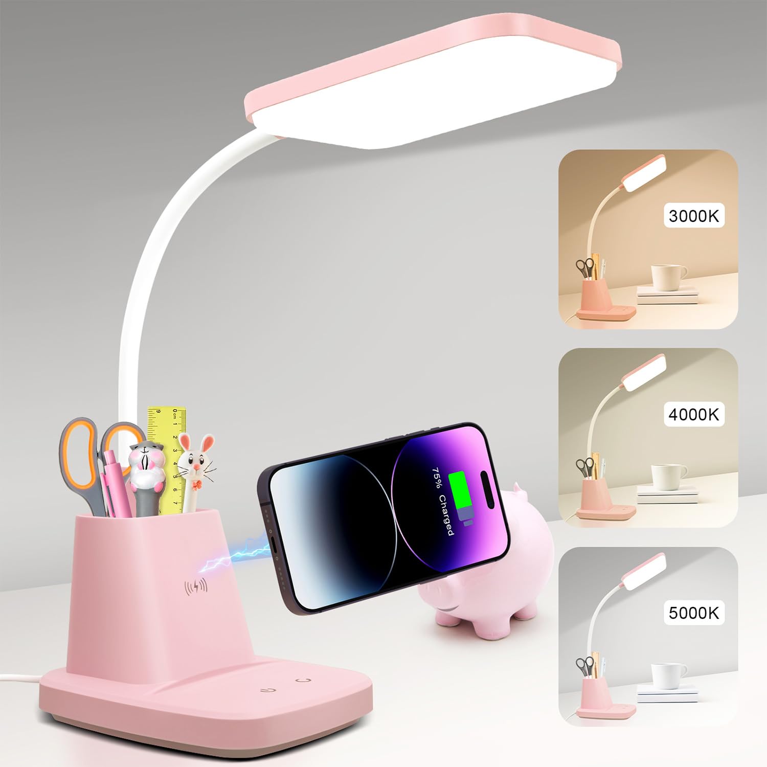 Desk Lamp, LED Desk Lamps for Home Office, Wireless Charger Small Desk Lamp with Pen Holder, 3 Color Modes, Dimmable, CRI 85, 800LM, Study Lamps for College Dorm Room, Adapter Included, Black