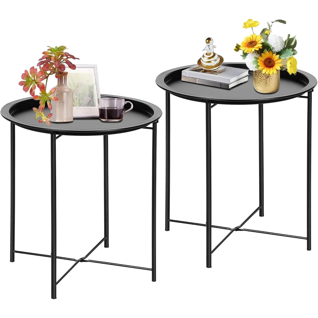VECELO Side/End Table, Folding Round Metal Anti-Rust and Waterproof Outdoor or Indoor Tray for Living Room Bedroom Balcony and Office, 2 PCS, Dark Green