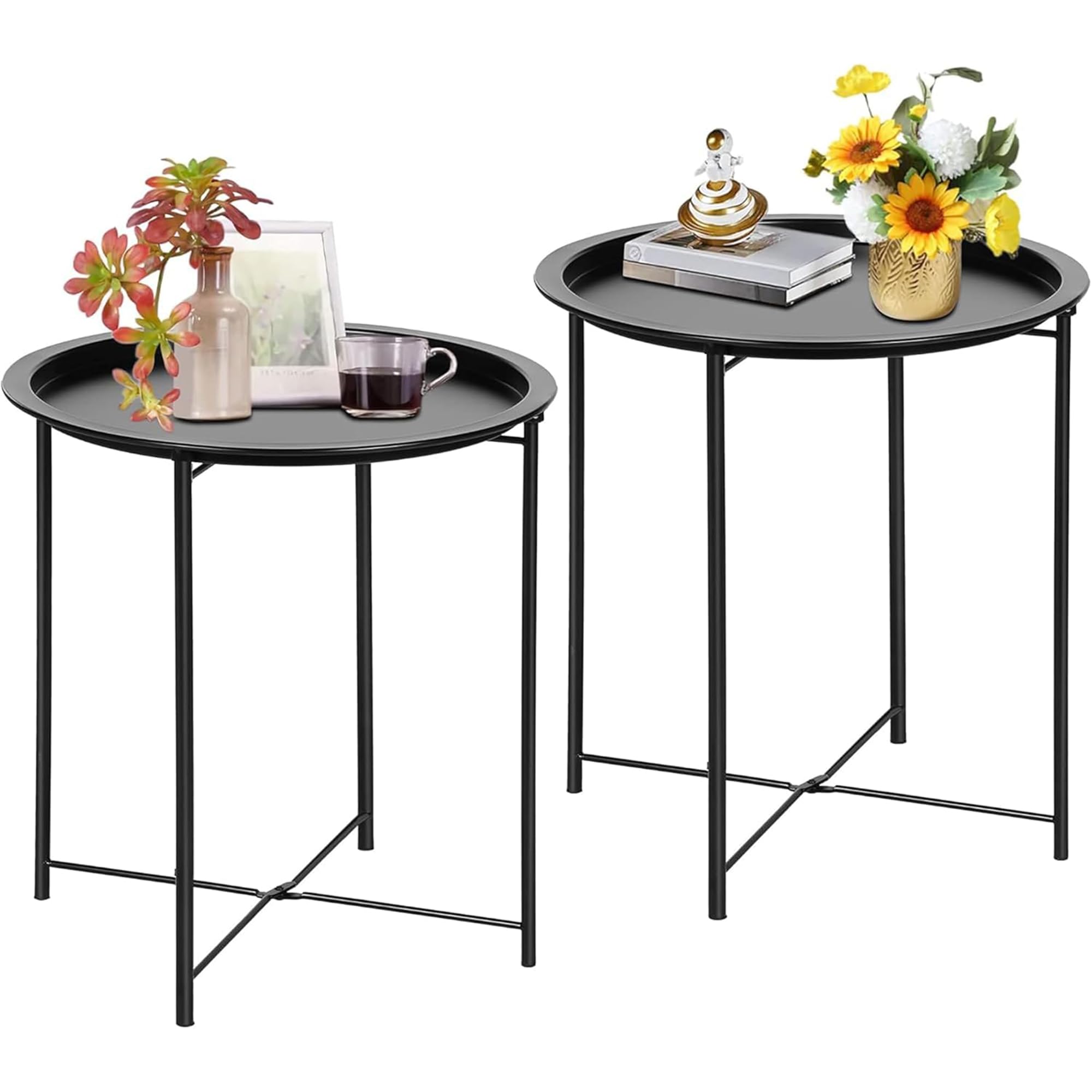 VECELO Side/End Table, Folding Round Metal Anti-Rust and Waterproof Outdoor or Indoor Tray for Living Room Bedroom Balcony and Office, 2 PCS, Dark Green