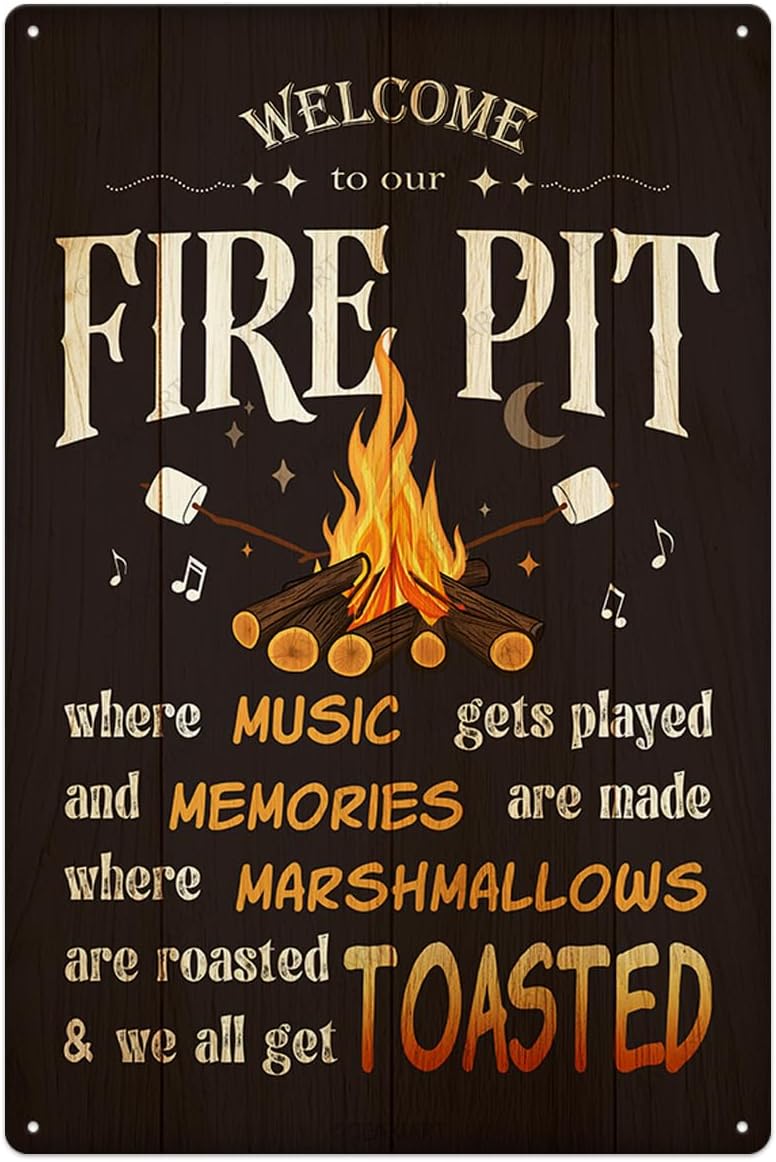 Welcome To Our Fire Pit Tin Sign Vintage Wall Decor Funny Camper Door Decorations Retro Camp Art Poster Metal Signs Hanging Plaque for Home Bar Bedroom Cafe Patio Porch Garage Pub 12X8 Inch