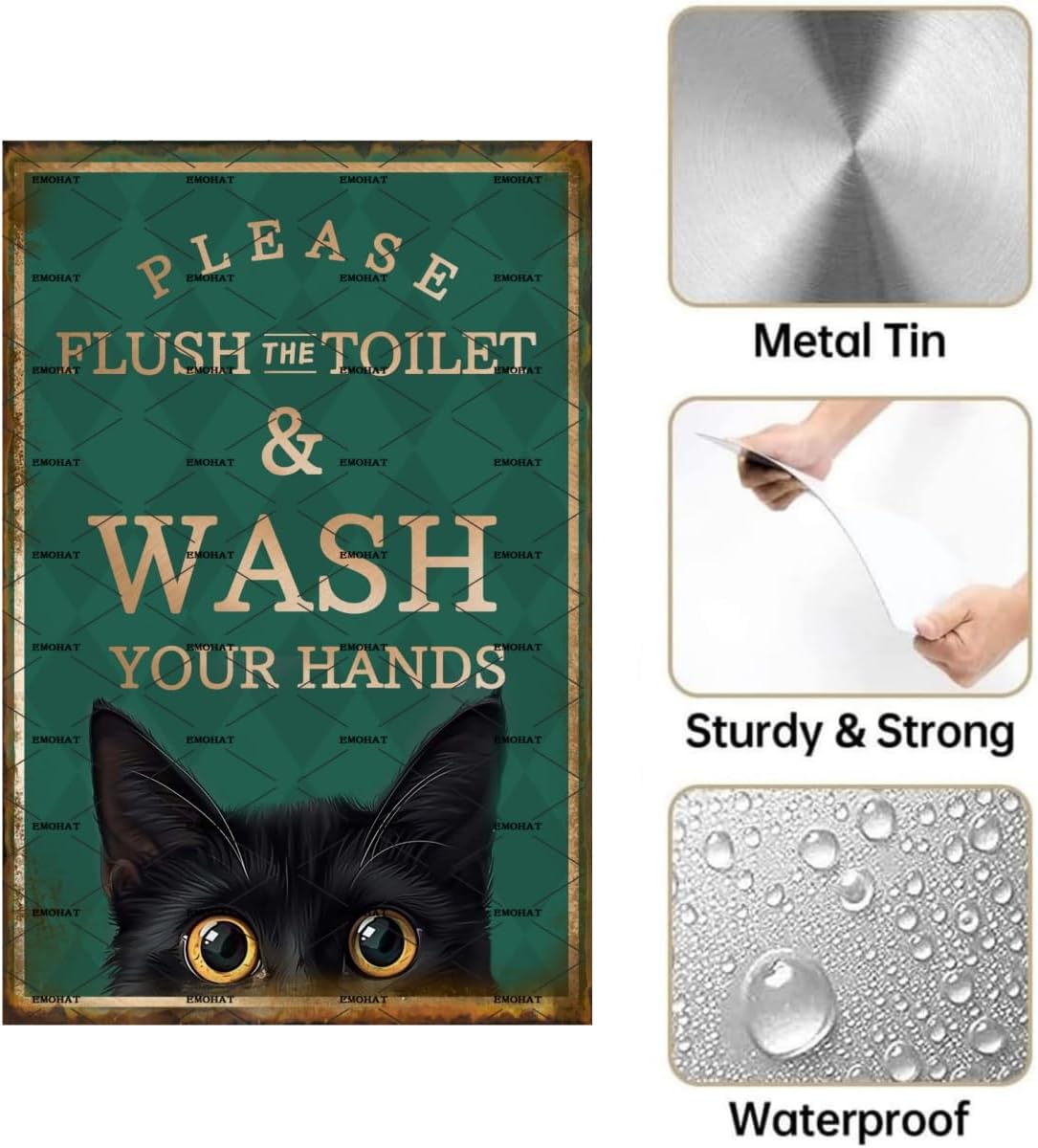 EMOHAT Metal Aluminum Plaque Sign Decoration Funny Black Cat Please Flush Toilet Wash Your Hands Cute Sign Home Bathroom Restroom Toilet Wall Art Decor Metal Poster Tin Sign 8x12 Inch