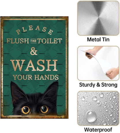 EMOHAT Metal Aluminum Plaque Sign Decoration Funny Black Cat Please Flush Toilet Wash Your Hands Cute Sign Home Bathroom Restroom Toilet Wall Art Decor Metal Poster Tin Sign 8x12 Inch