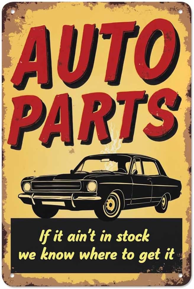AOYEGO Auto Parts Tin Sign,Car and Lettering On Yellow Background Vintage Metal Tin Signs for Cafes Bars Pubs Shop Wall Decorative Funny Retro Signs for Men Women 8x12 Inch
