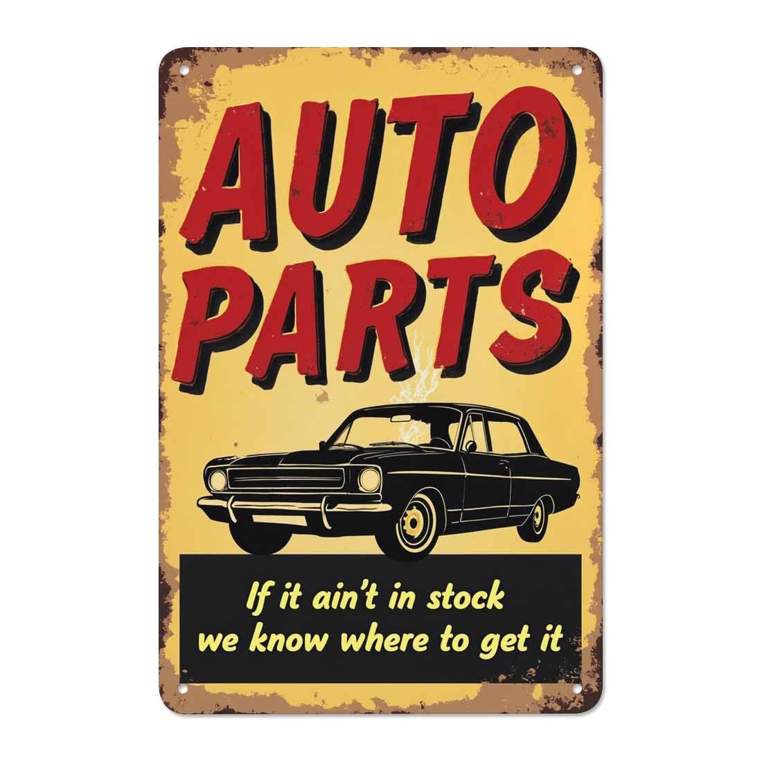 AOYEGO Auto Parts Tin Sign,Car and Lettering On Yellow Background Vintage Metal Tin Signs for Cafes Bars Pubs Shop Wall Decorative Funny Retro Signs for Men Women 8x12 Inch