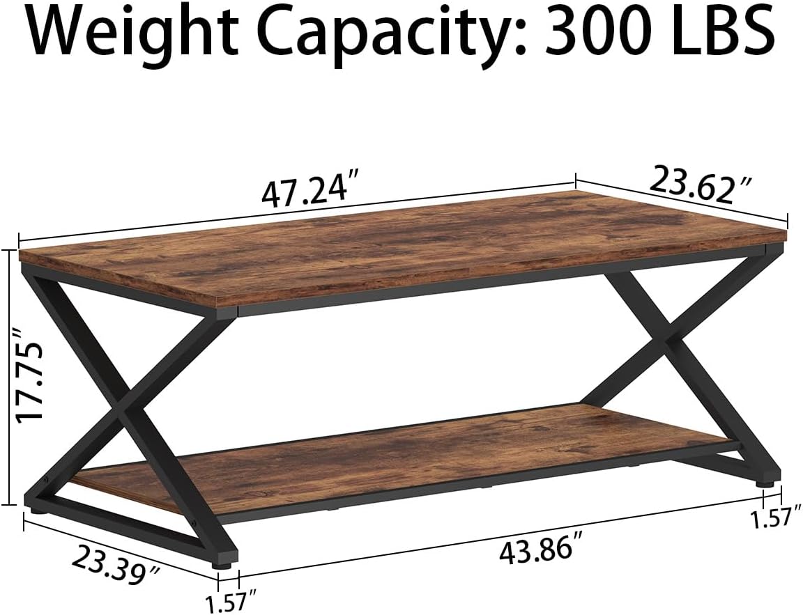 HSH Rustic Coffee Table with Storage Shelf, Industrial Metal Wood Living Room Table, Farmhouse Minimalist Rectangle Center Table, Vintage Simple 2 Tier Cocktail Tea Table, Rustic Brown, 47 Inch