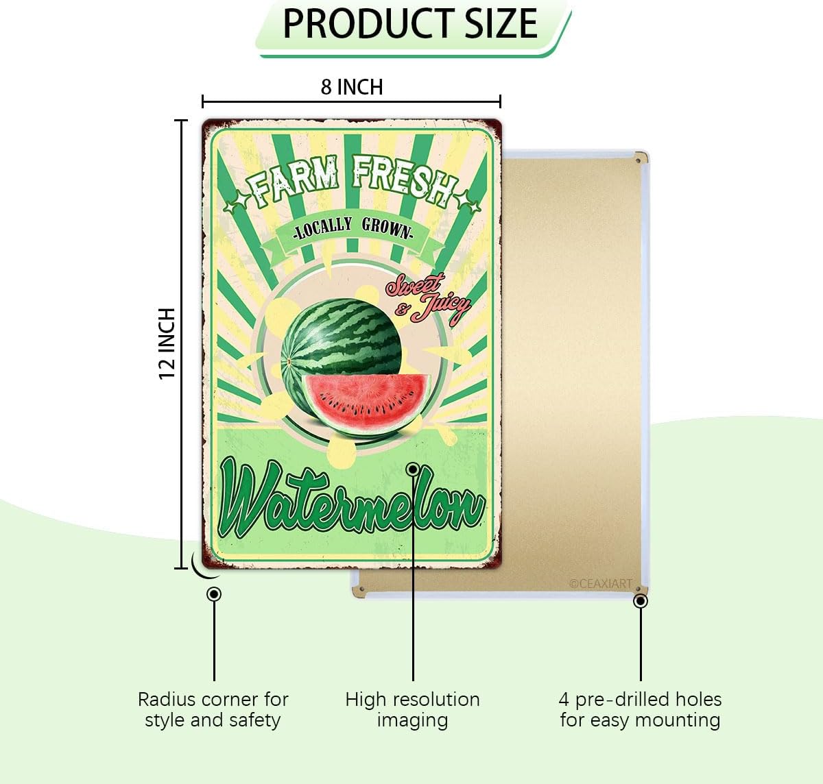 Farm Fresh Sweet Juicy Watermelon Vintage Metal Tin Sign Retro Fruit Poster Decorative Wall Art Signage Farmhouse Country Market Kitchen Bar Cafe Dining Room Home Decor 12" X 8"