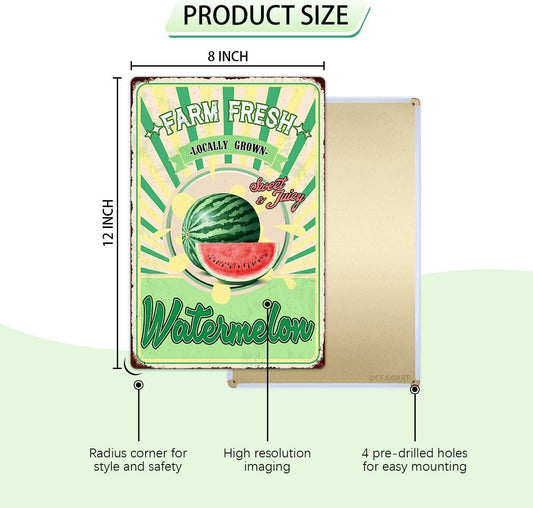 Farm Fresh Sweet Juicy Watermelon Vintage Metal Tin Sign Retro Fruit Poster Decorative Wall Art Signage Farmhouse Country Market Kitchen Bar Cafe Dining Room Home Decor 12" X 8"