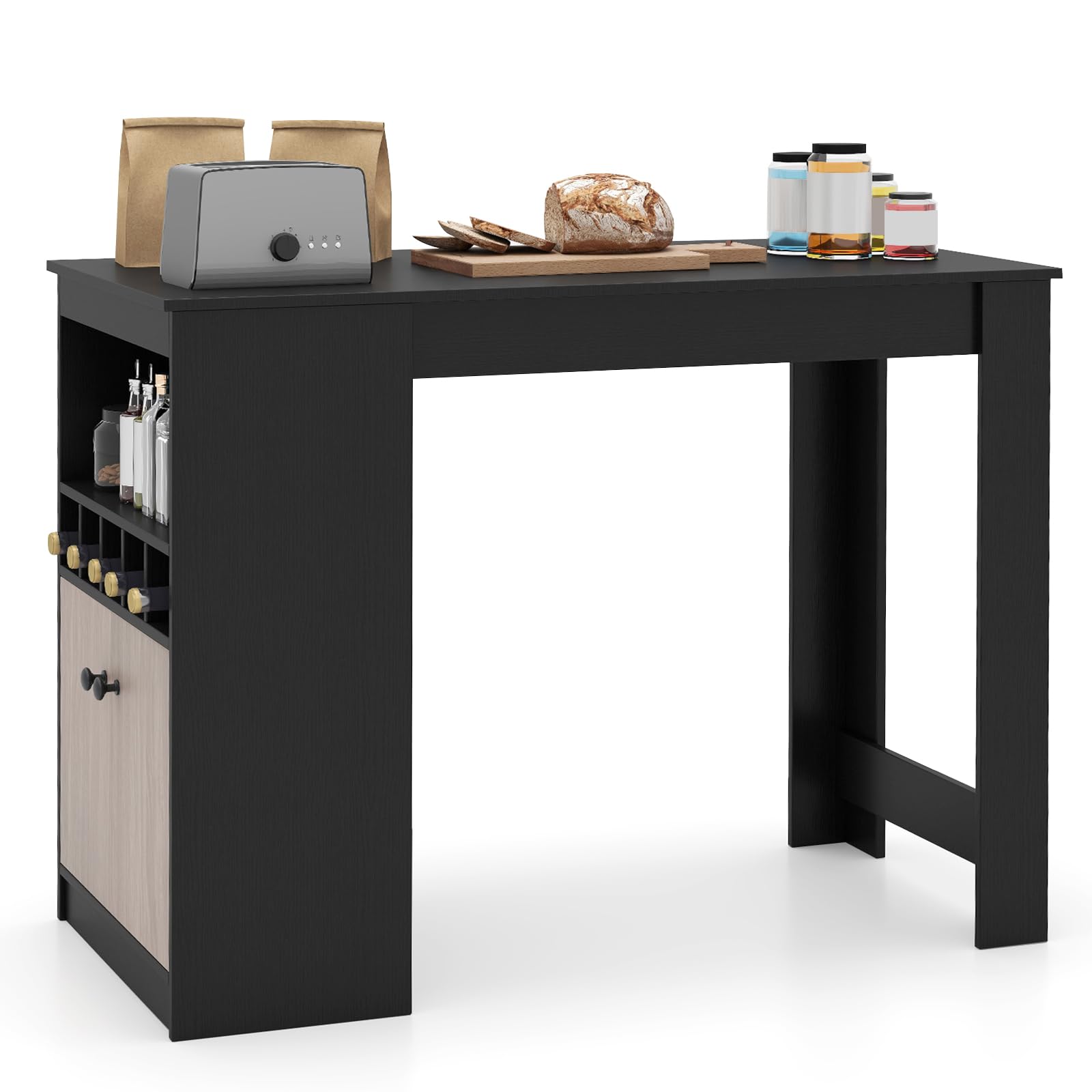 Giantex 48" Dining Table, Counter Height Bar Table with Storage Cabinet, Wine Rack, Compartment & Adjustable Shelf, Modern Bistro Tables for Home, Coffee Shop, Kitchen, Pub, Black & Gray