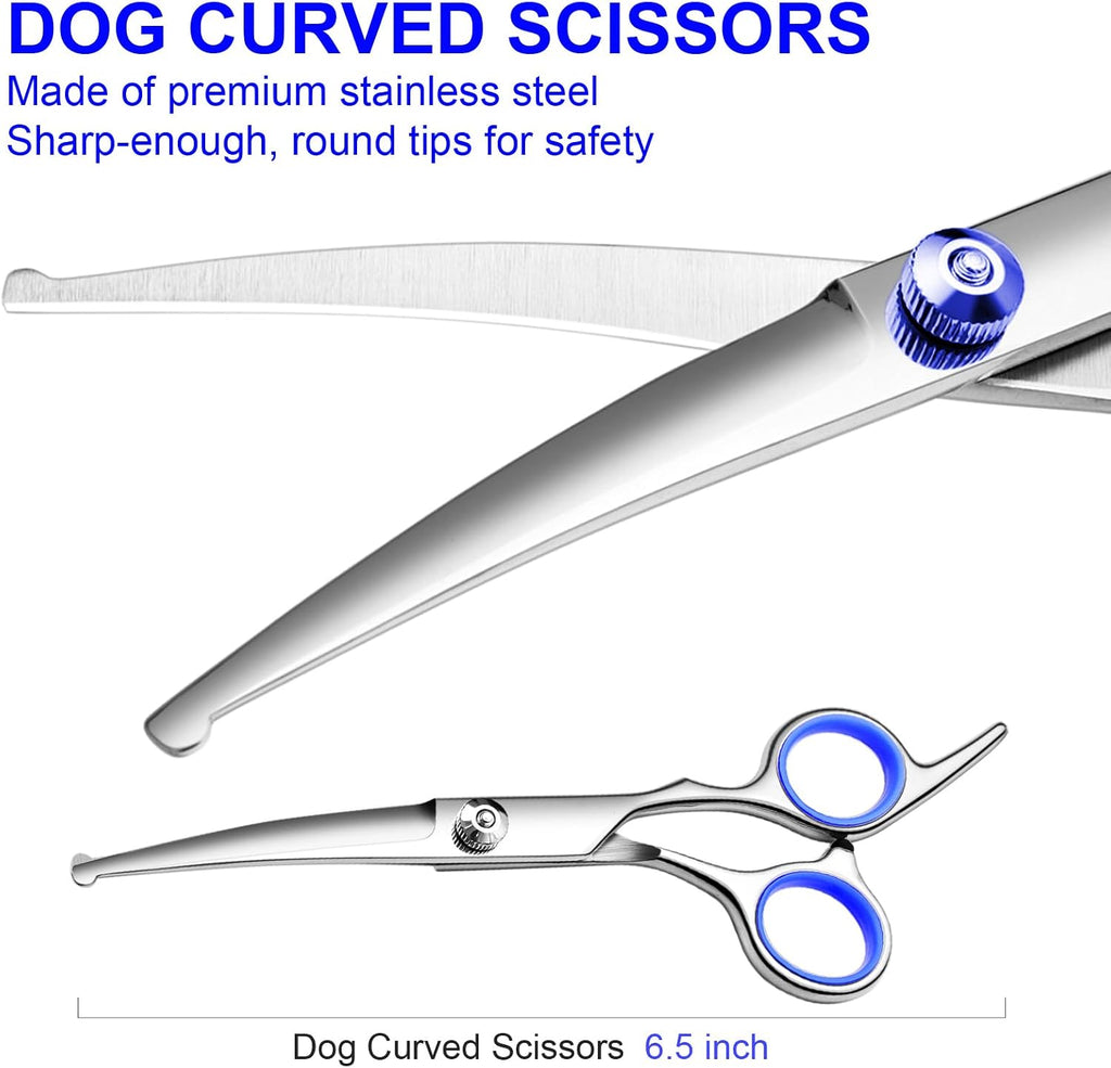FAIGEO Dog Grooming Scissors Kit, Premium Stainless Steel Dog Shears with Curved Shears, Sharp Durable for Dogs Cats+Blue 3 Piece