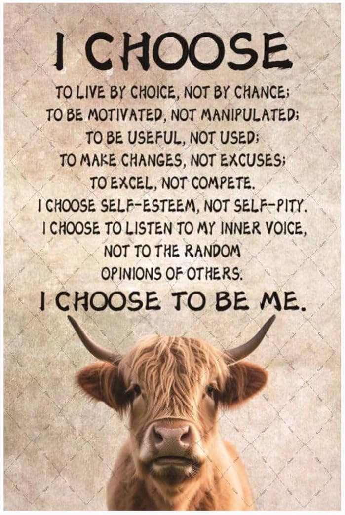 Cusde Highland Cow Metal Tin Sign I Choose To Be Me Wall Decor Motivational Inspirational Quotes Wall Art Retro Decor Vintage Decoration Posters Gifts for Bar Pub Bedroom Living Room 12x8 Inches