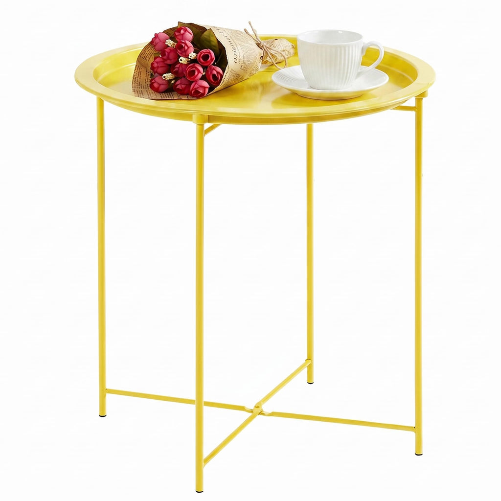 VECELO Side/End Table, Folding Round Metal Anti-Rust and Waterproof Outdoor or Indoor Tray for Living Room Bedroom Balcony and Office, 2 PCS, Dark Green