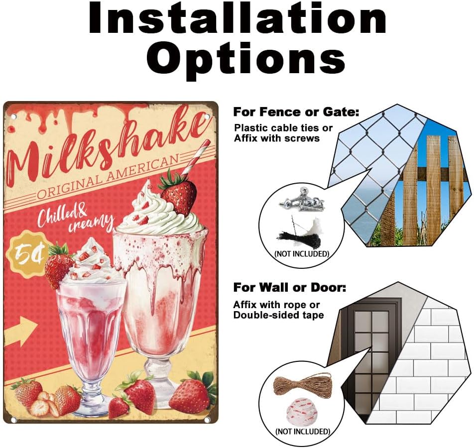 Strawberry Milkshake Retro Wall Decor Metal Tin Sign 8" x 12" Dessert Ice Cream Vintage Wall Art Poster for Kitchen Home Dessert Shop Clubs Decor Gift