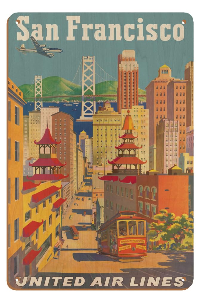 Pacifica Island Art San Francisco California - Cable Car in Chinatown - United Air Lines - Vintage Airline Travel Poster by Joseph Fehér c.1950s - 8 x 12 inch Vintage Metal Tin Sign