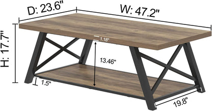 EXCEFUR Modern Coffee Table, Rectangle Center Table for Living Room with Storage Shelf, Industrial Wood and Metal Cocktail Tea Table, Rustic Oak, 47 Inch