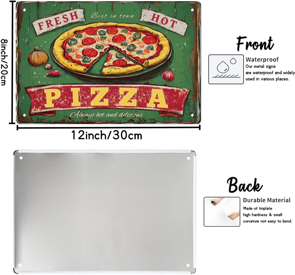 WEBEEDY Pizza Tin Signs Funny Food Poster Vintage Metal Wall Decor for Home Kitchen Restaurant,Delicious Pizza Fast Food Sign for Cafe Pub Bar Home Indoor Outdoor Retro Decor,8x12 Inch/20x30cm