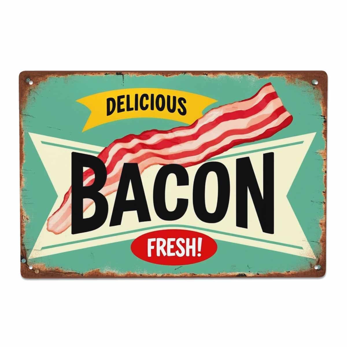 AOYEGO Bacon Tin Sign,Delicious Food Meat Vintage Metal Tin Signs for Cafes Bars Pubs Shop Wall Decorative Funny Retro Signs for Men Women 8x12 Inch