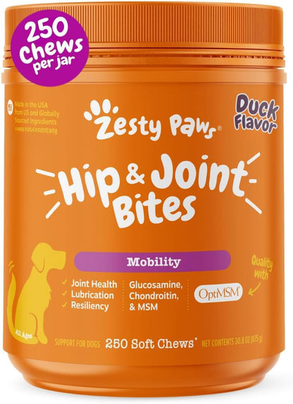 Zesty Paws Hip and Joint for Dogs, Glucosamine for Dogs Hip and Joint Supplement with Chondroitin, MSM, Vitamins C & E - Bacon, 90 Count