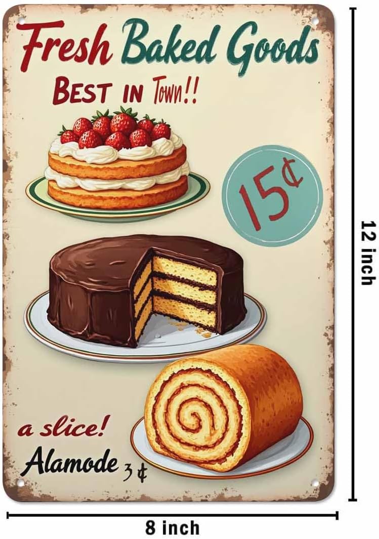 AOYEGO Fresh Baked Goods Tin Sign,Cake Cream Ring Fresh Delicious Strawberry Fruit Food Chocolate Dessert Plate Vintage Metal Tin Signs for Cafes Bars Pubs Shop Wall Funny Retro Signs 8x12 Inch