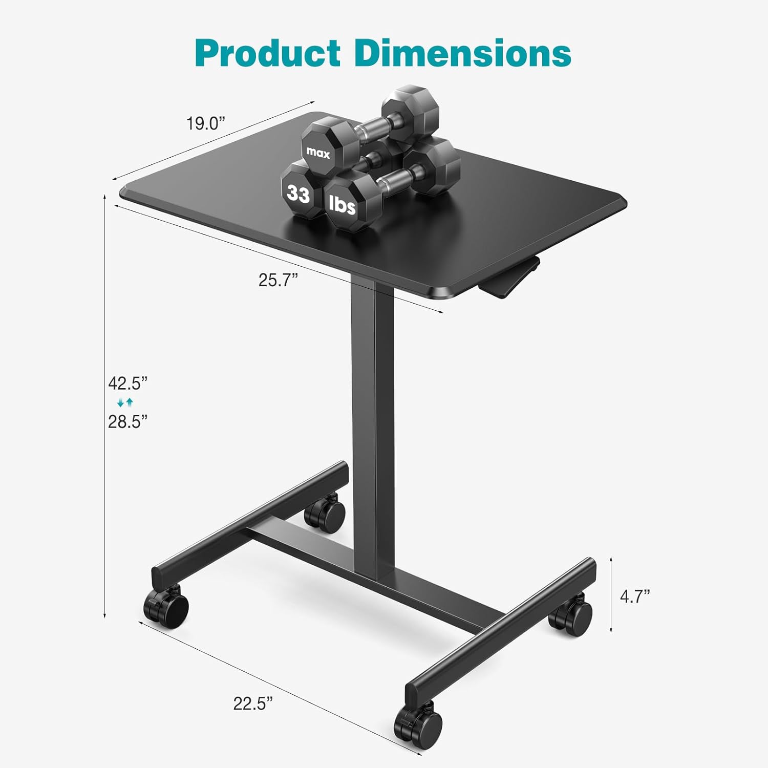 DUMOS Mobile Rolling Desk with Wheels Adjustable Height Small Standing Desks Portable Laptop PC Table Computer Workstation for Home Office Small Space Black
