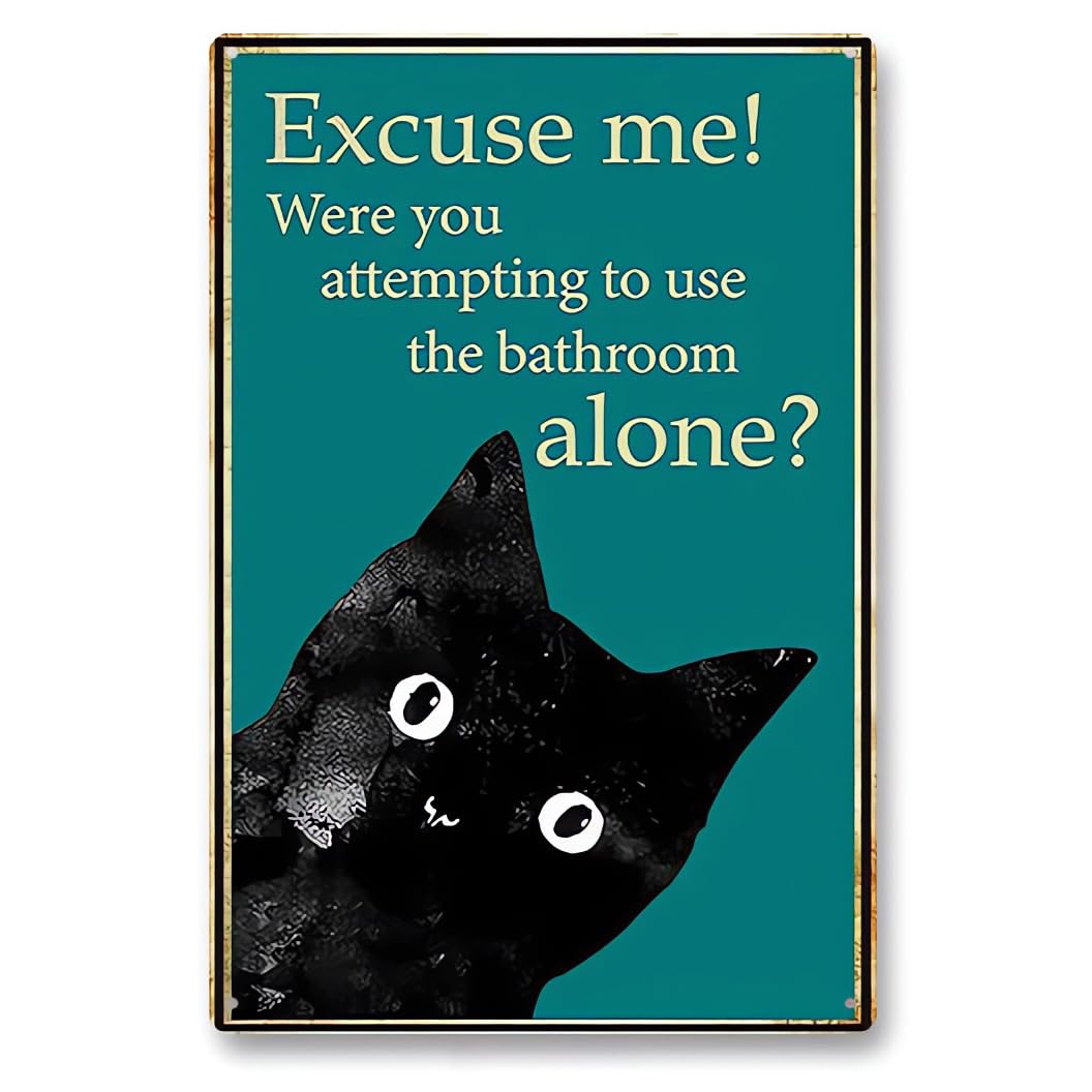 Funny Bathroom Sign Vintage Cat Tin Signs for Wall Decor 8" x 12" Funny Bathroom Signs Restroom Toilet Decor Metal Wall Plaque Poster (Welcome)