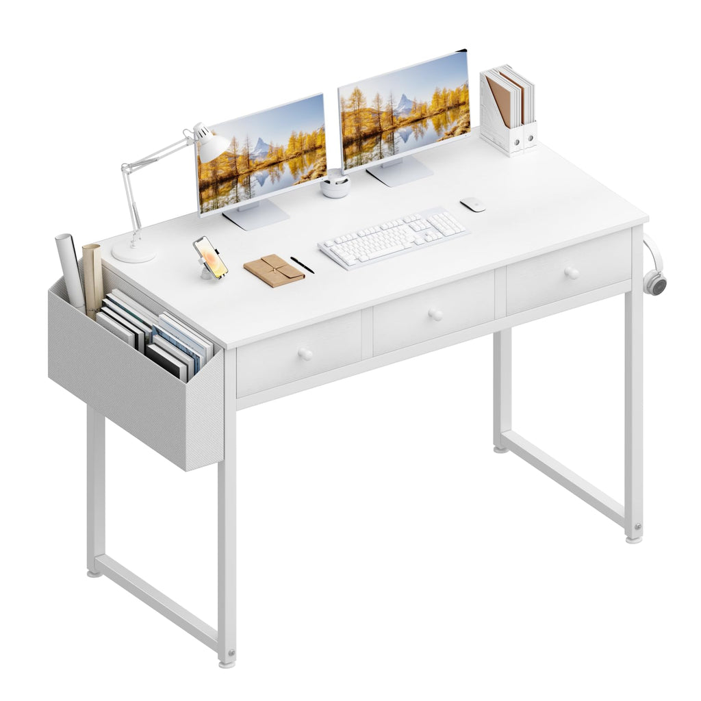 Lufeiya Small Computer Desk with 2 Drawers for Bedroom, 31 Inch Home Office Desk with Storage Fabric Drawer and Bag, Study Writing Table for Small Spaces, Rustic Brown
