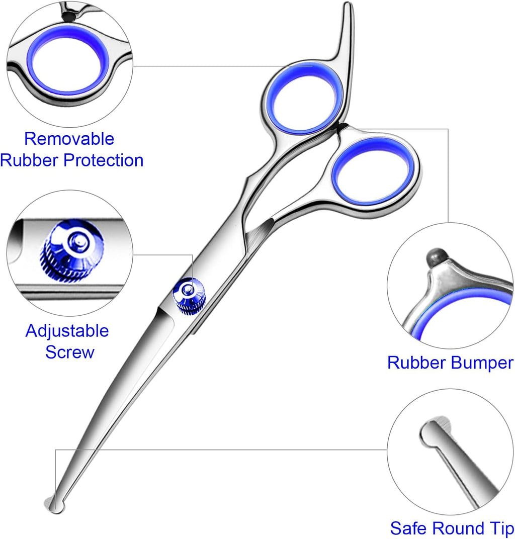 FAIGEO Dog Grooming Scissors Kit, Premium Stainless Steel Dog Shears with Curved Shears, Sharp Durable for Dogs Cats+Blue 3 Piece
