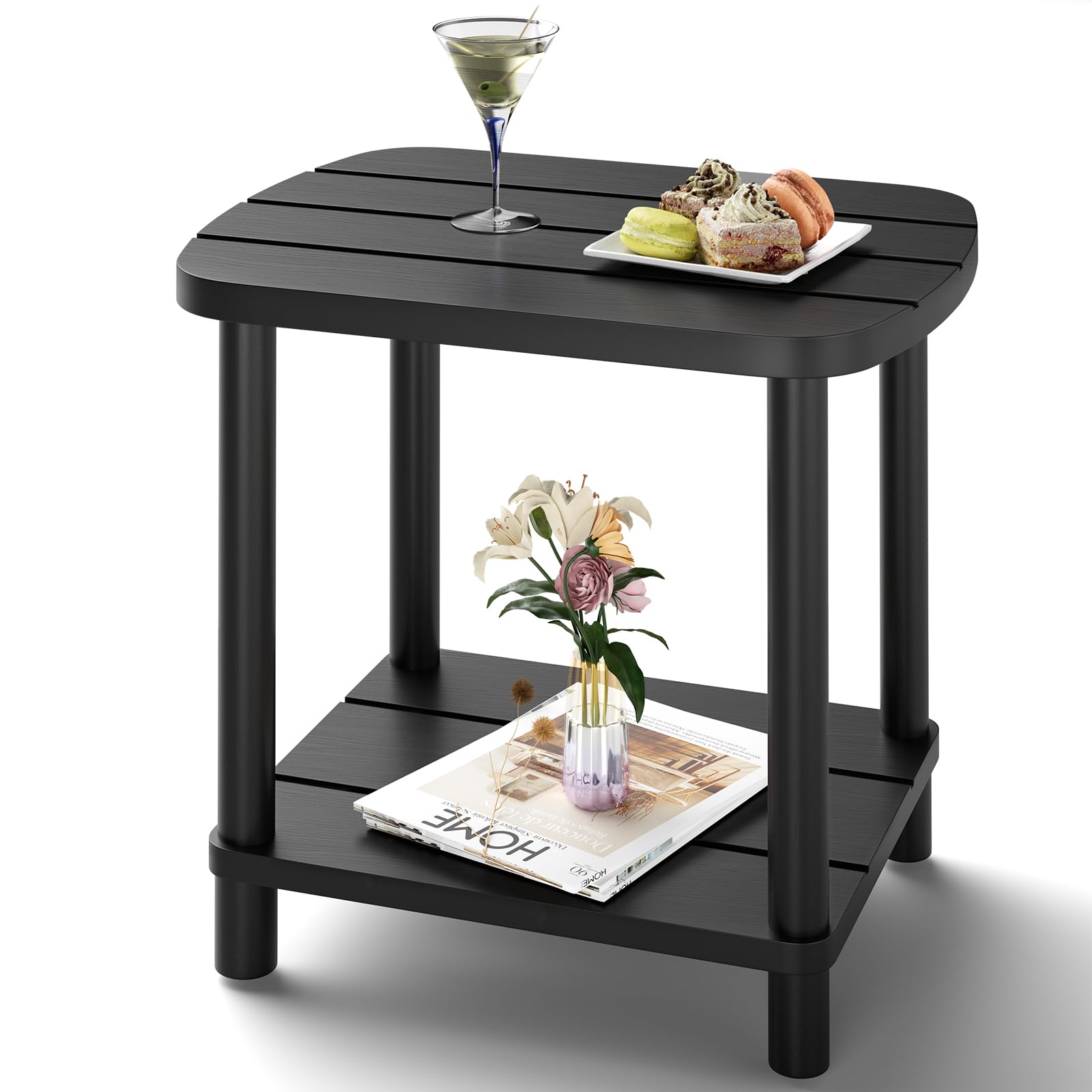 LEJANEOYE Outdoor Side Table, 2-Tier Small Outdoor Table for Patio, Adirondack Side Tables for Outside or Indoor, Bamboo End Table for Pool, Porch, Weather Resistant Easy Maintenance-Black